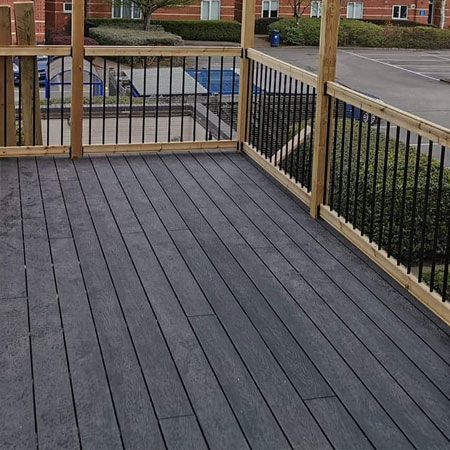Composite decking with timber and metal balustrade